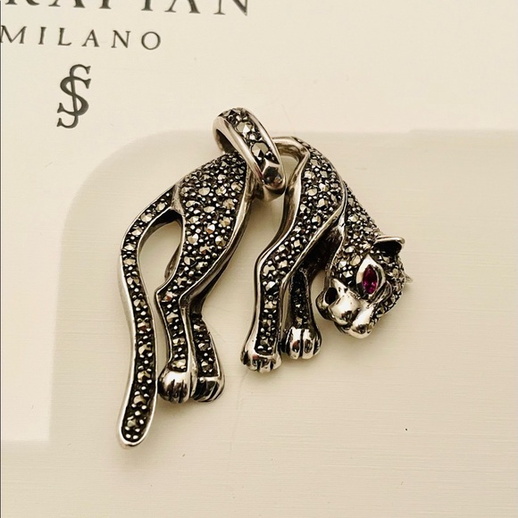 Panther/ Jaguar Pendant. Sterling Silver, Marcasite and Ruby - Picture 1 of 7